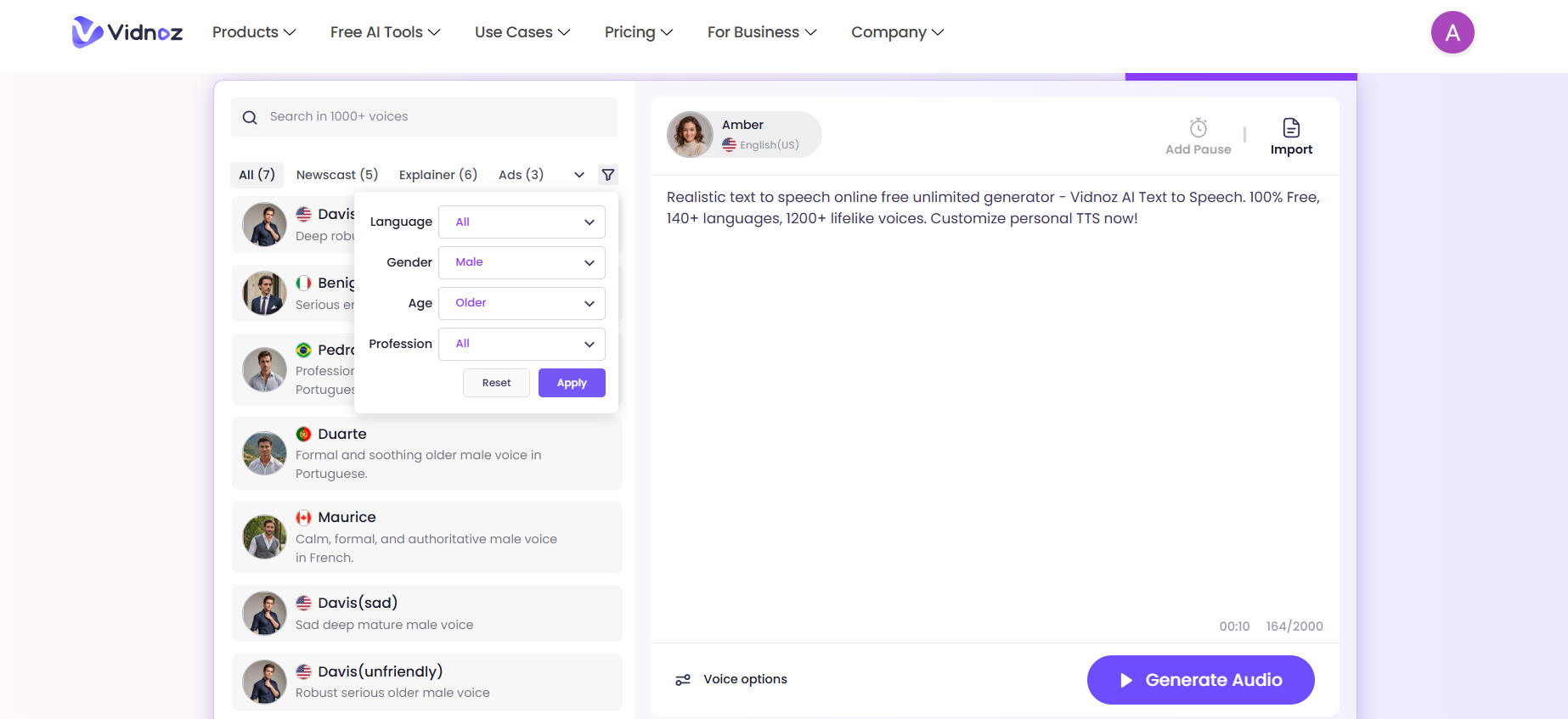 Vidnoz AI преобразование текста в речь