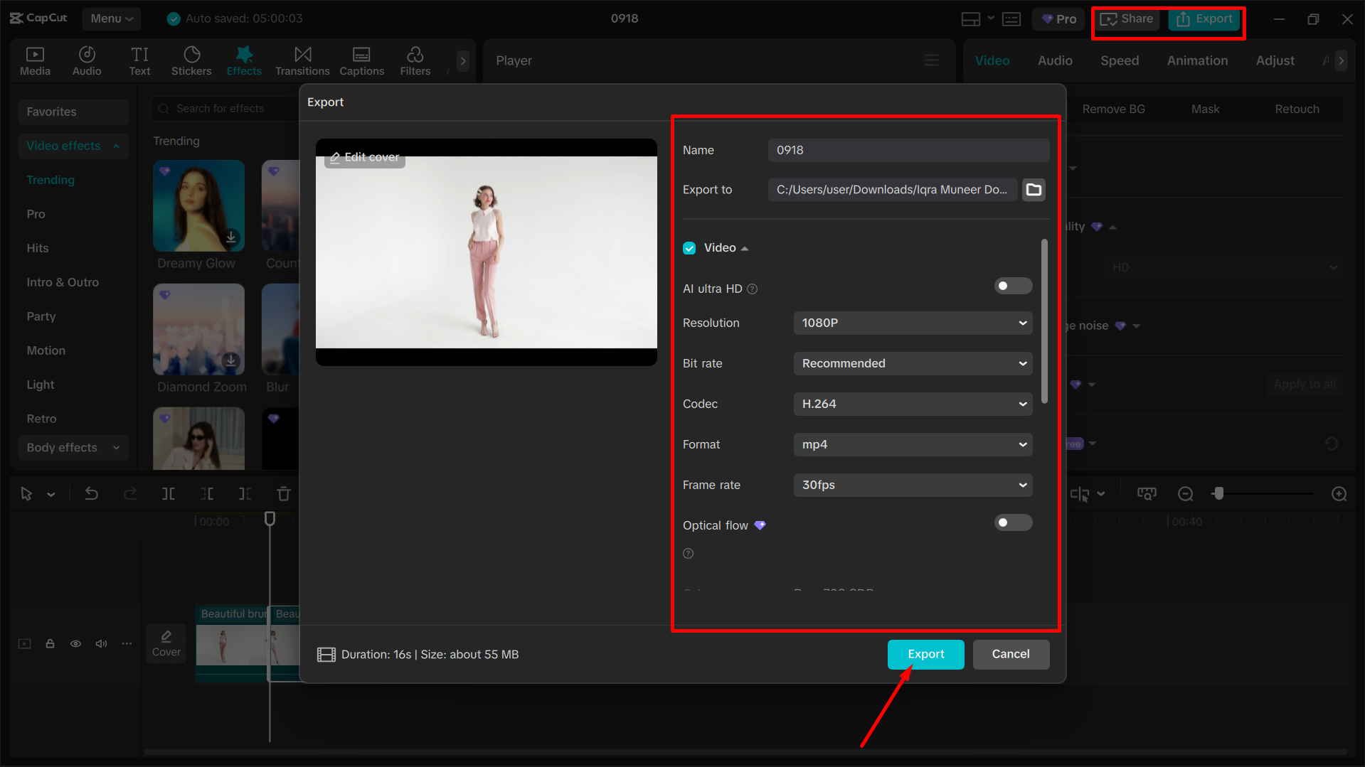 Exporting the media from the CapCut desktop video editor