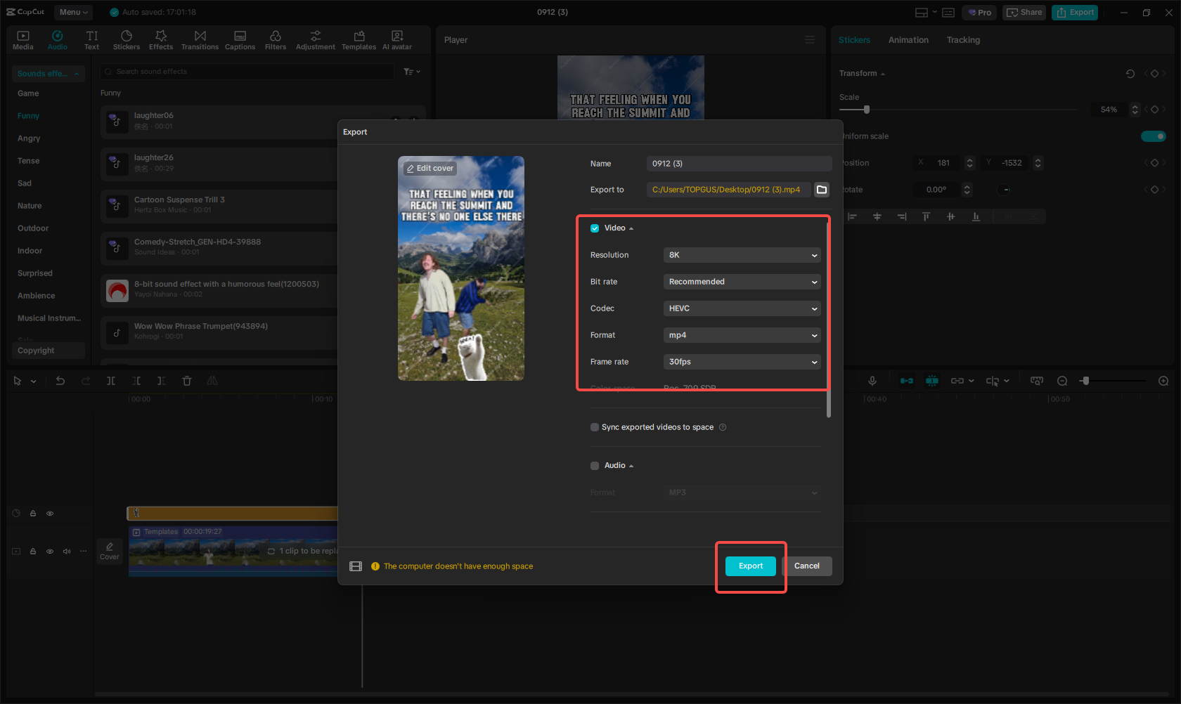 Exporting the meme in CapCut