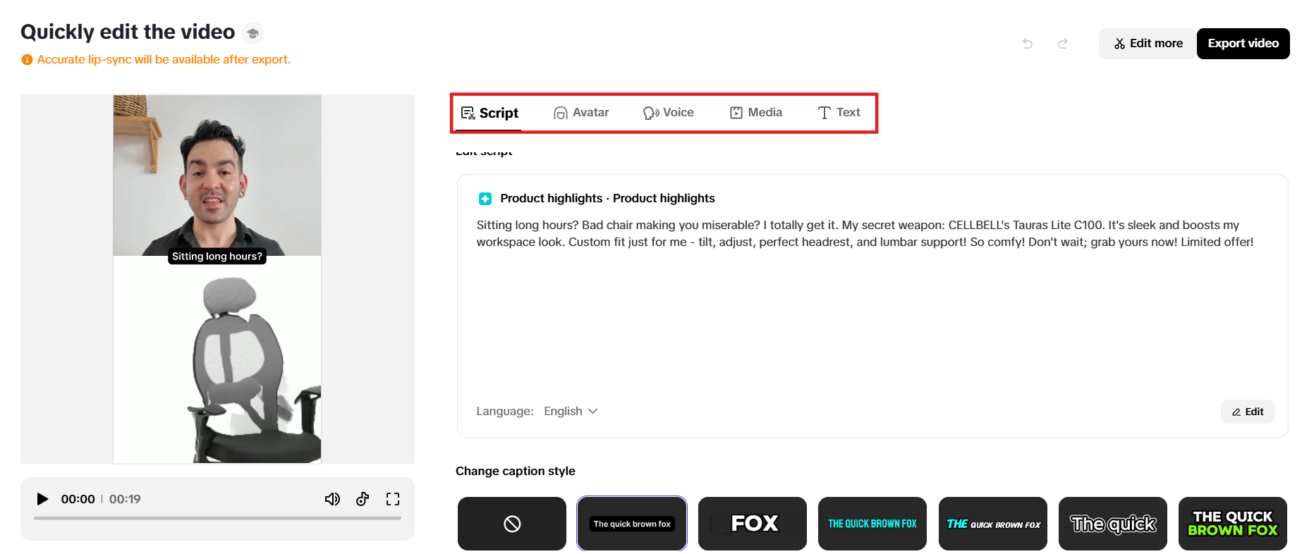 Modify script, avatar, voice, media and text