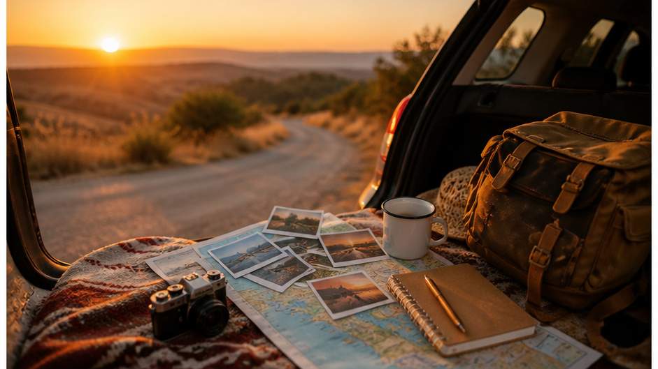 August Video Template — sunset road trip with photos and souvenirs