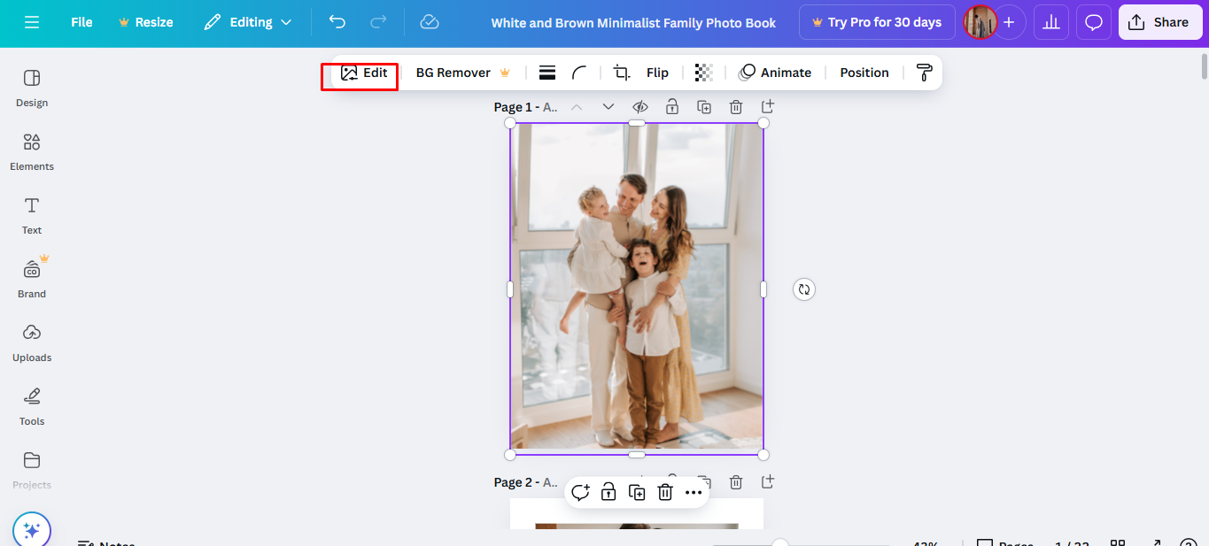 Accessing the editing tools in Canva to blur a photo
