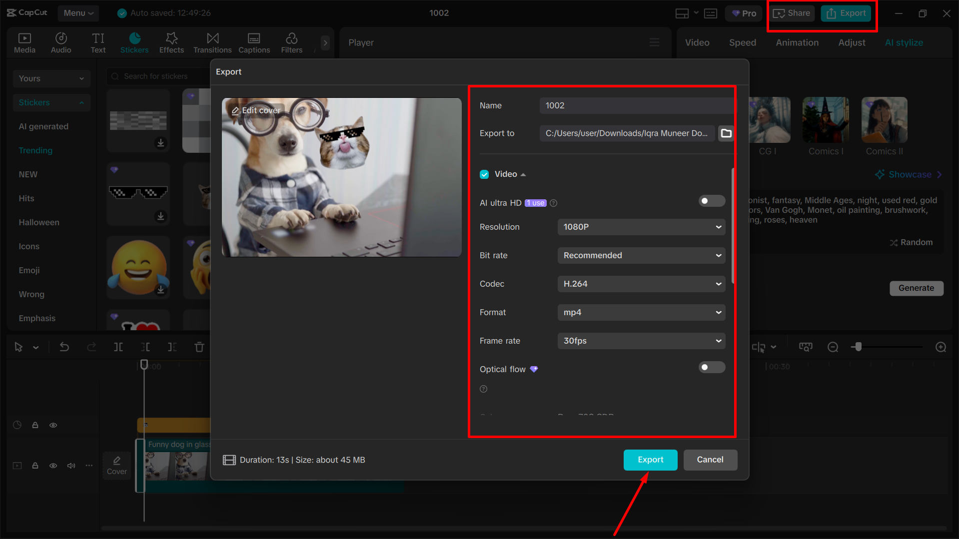 Exporting the final video from the CapCut desktop video editor