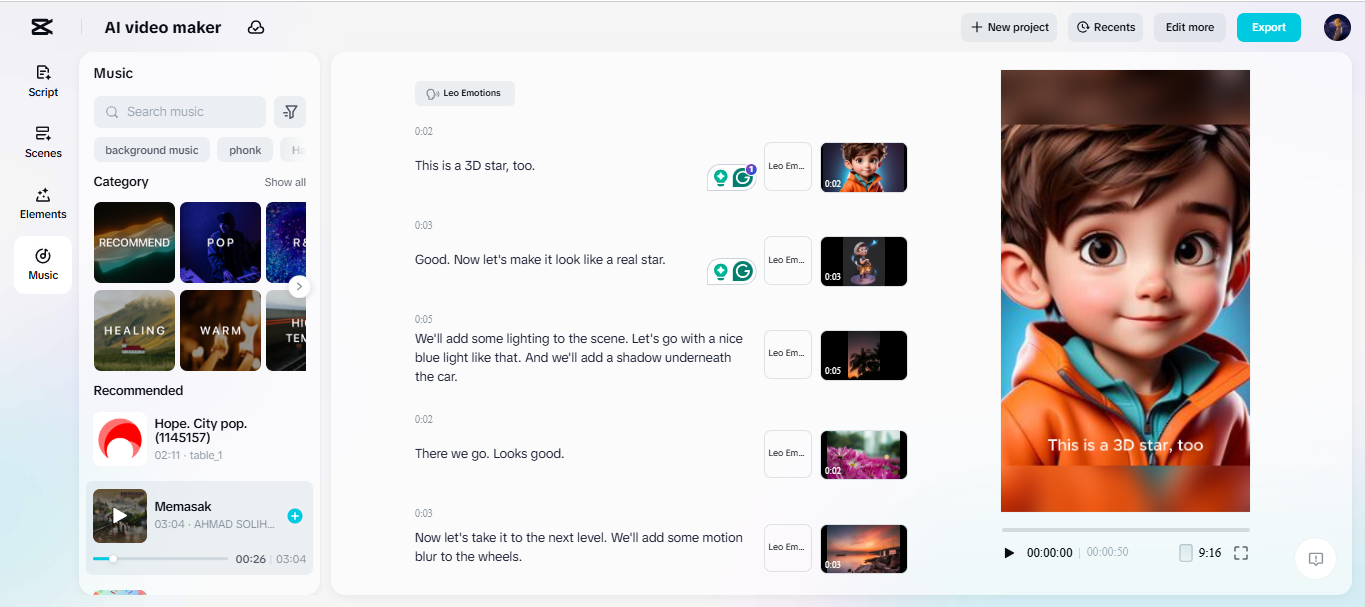 Interafce von CapCut'KI-Videohersteller