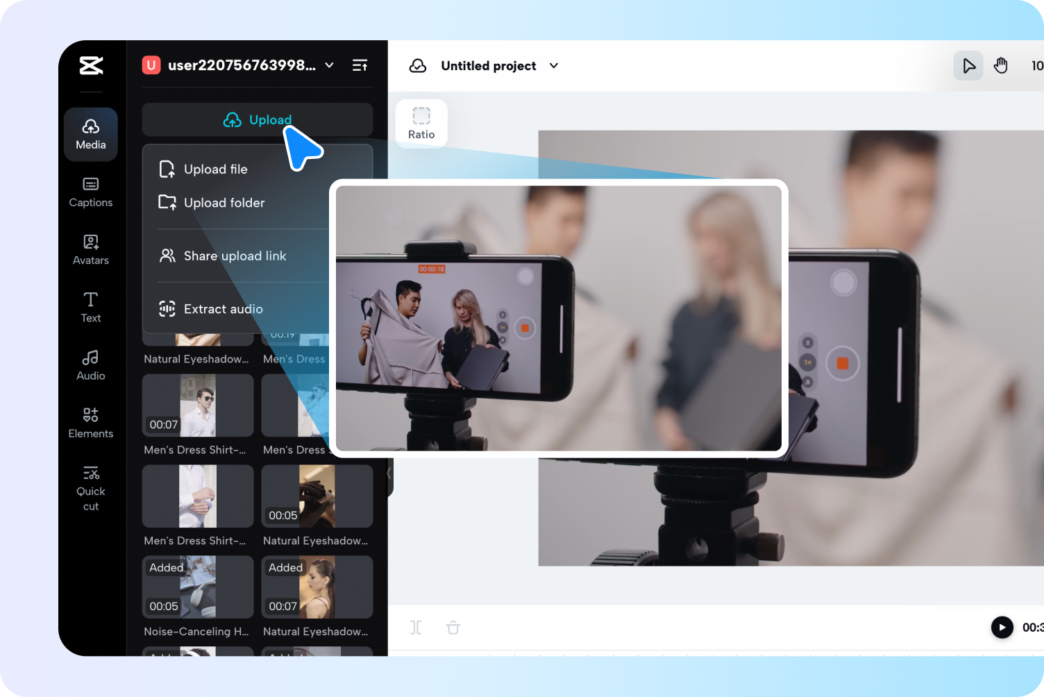 description=The Pippit video editor interface, with an arrow pointing to the 'Click to Upload' button in the center of the canvas.