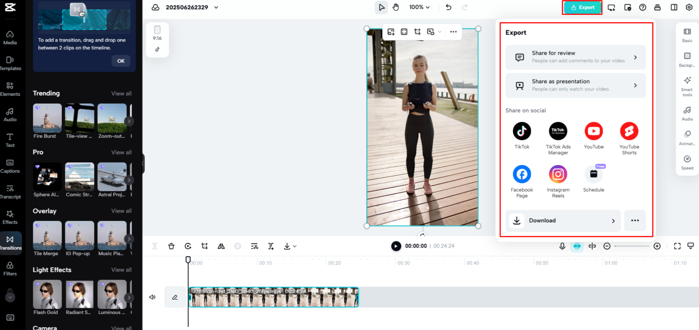 Exporting a video from CapCut Web