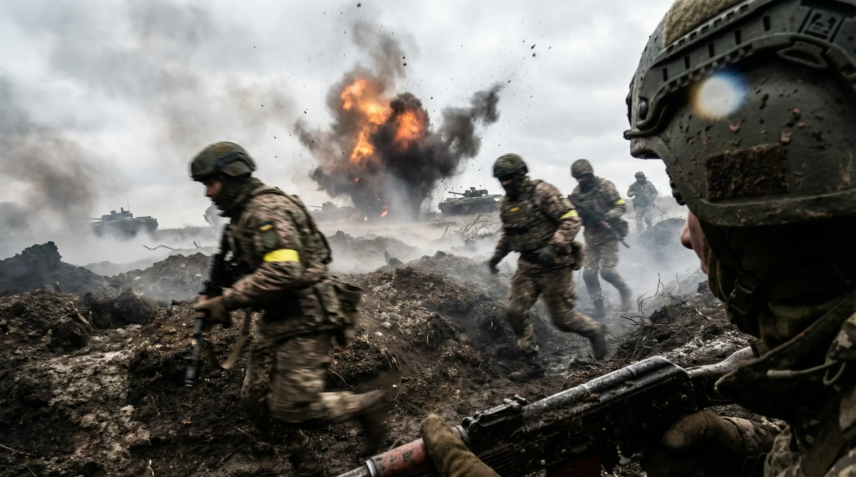 Handheld war scene with intense battlefield realism