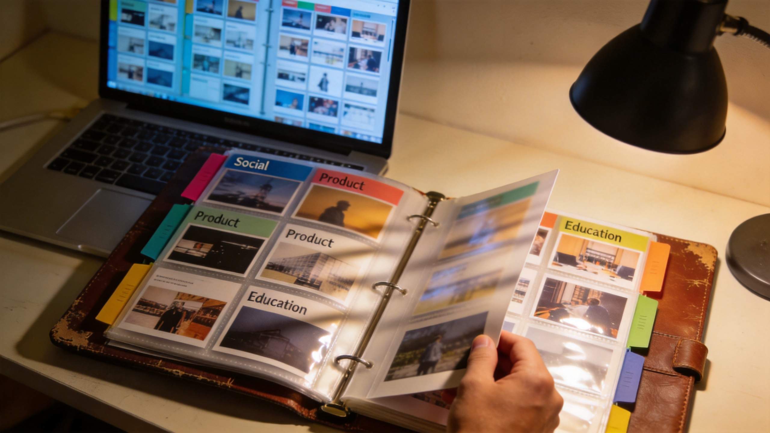 Hand flipping through a binder of labeled image prompt templates beside a laptop and desk lamp