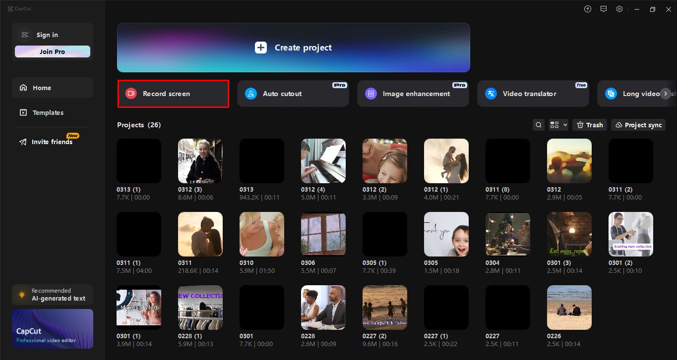 Using screen recording tool in CapCut desktop video editor