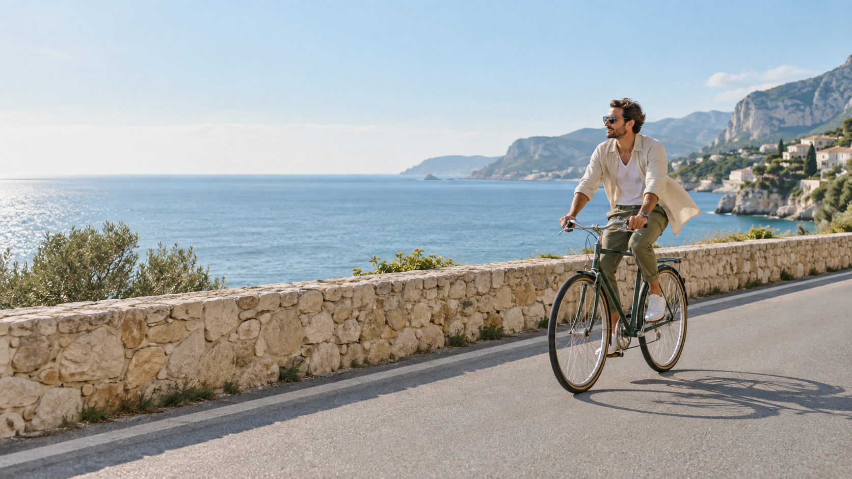 Un biciclist călare lângă o mare albastră pal în lumina dimineții