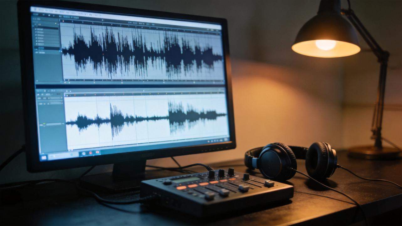 Audio editing software with waveforms on a monitor beside headphones and a mixer