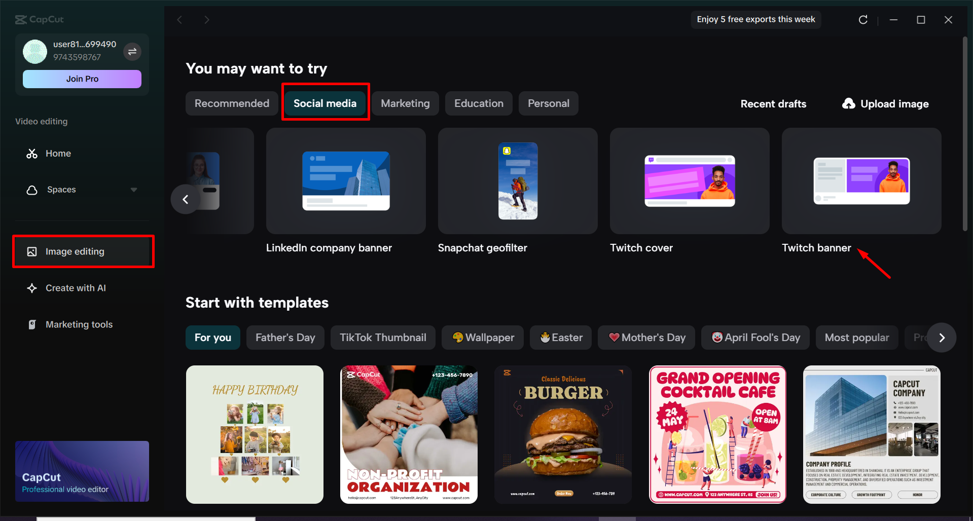 Selecting the Twitch banner template in the CapCut desktop video editor