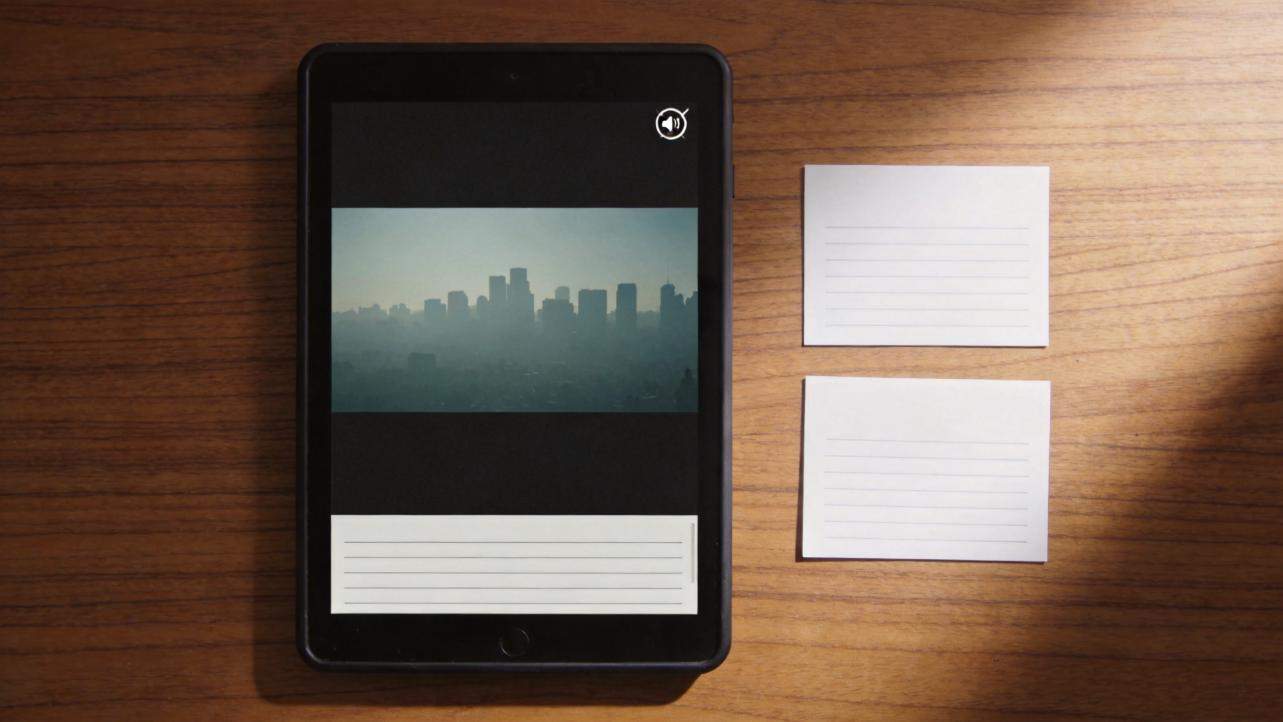Tablet displaying a city skyline video with a subtitle box at the bottom and two blank note cards beside it