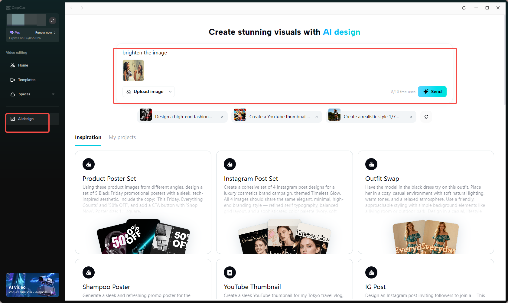 Open CapCut and go to AI design to import a text prompt