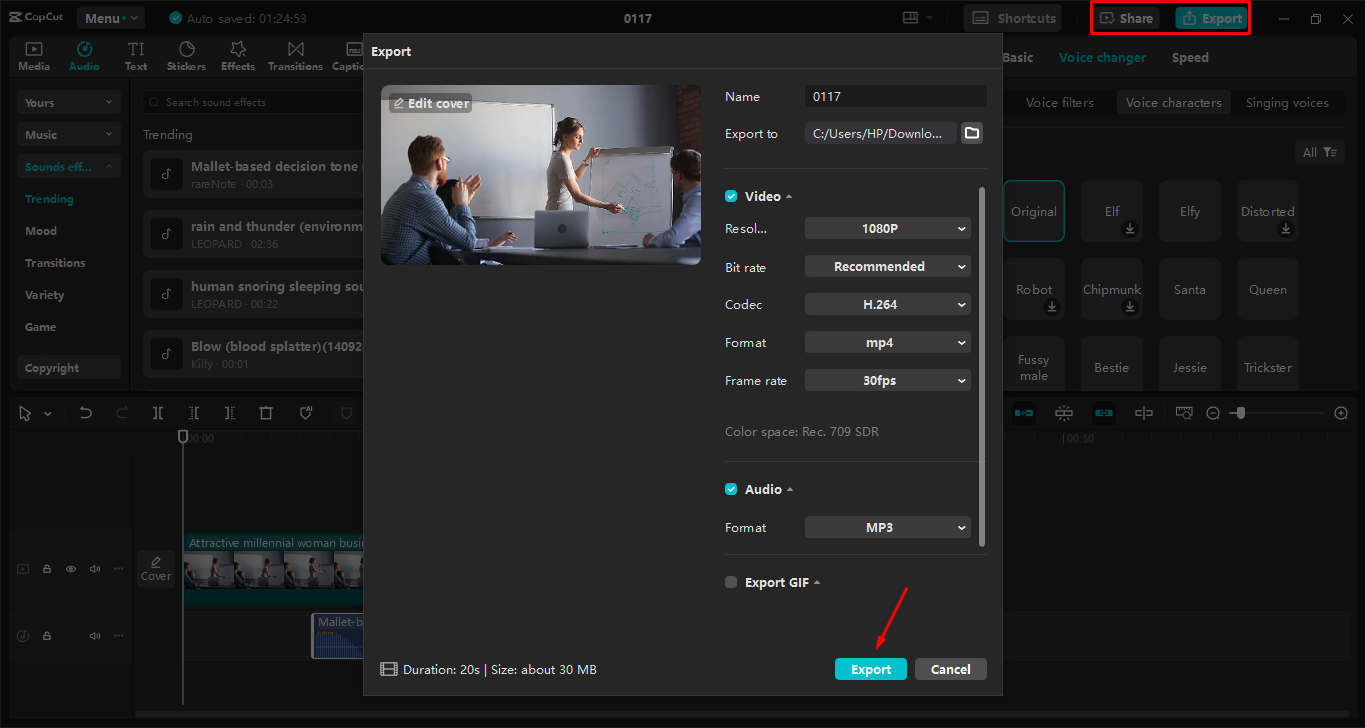Exporting video after editing in the CapCut desktop video editor