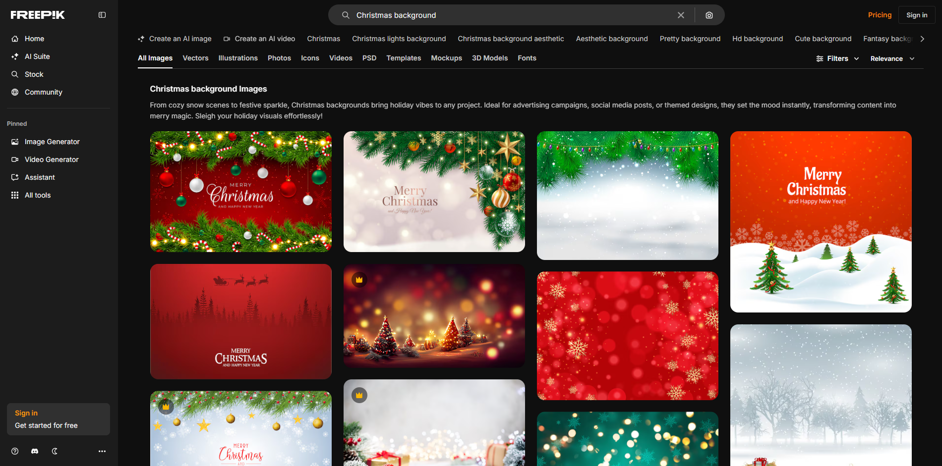 Interface of Freepik - a resource for downloading Christmas background for free