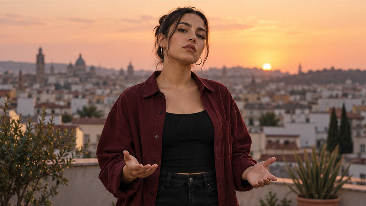 Illustrative rooftop freestyle scene with an original performer in burgundy at sunset