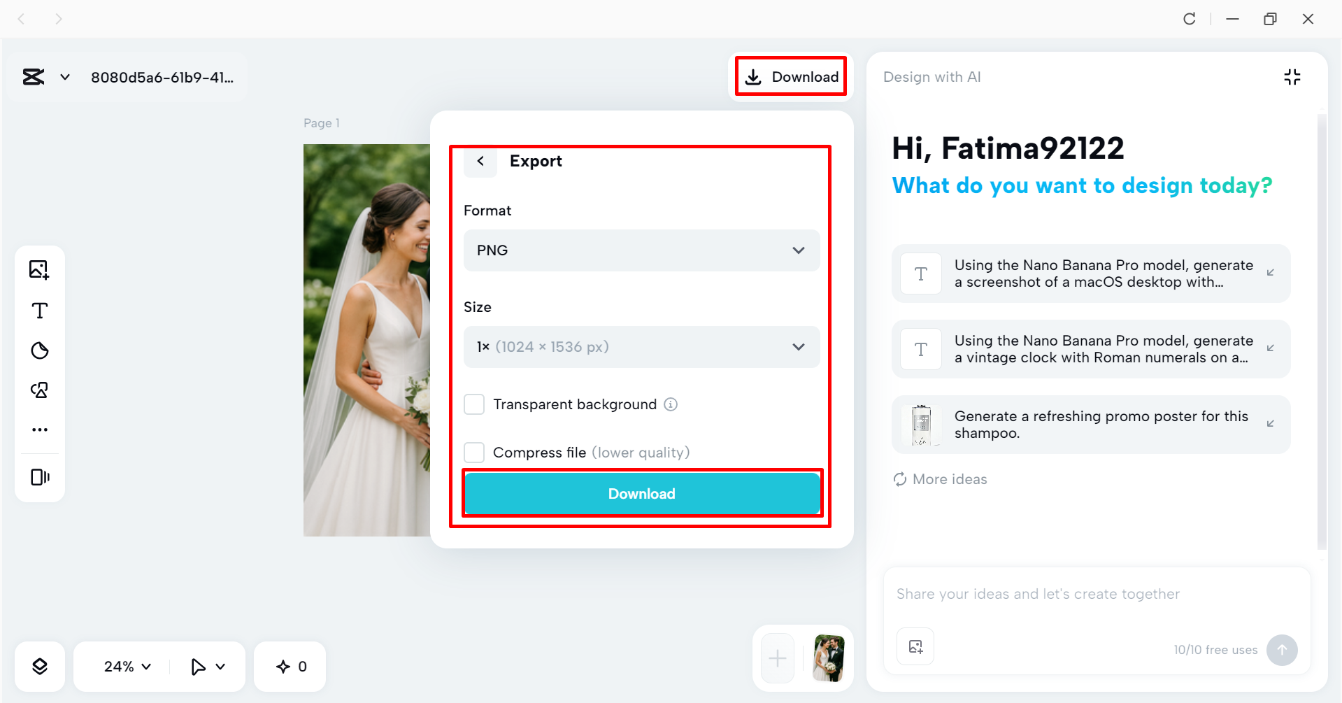 Downloading the image from the CapCut desktop video editor