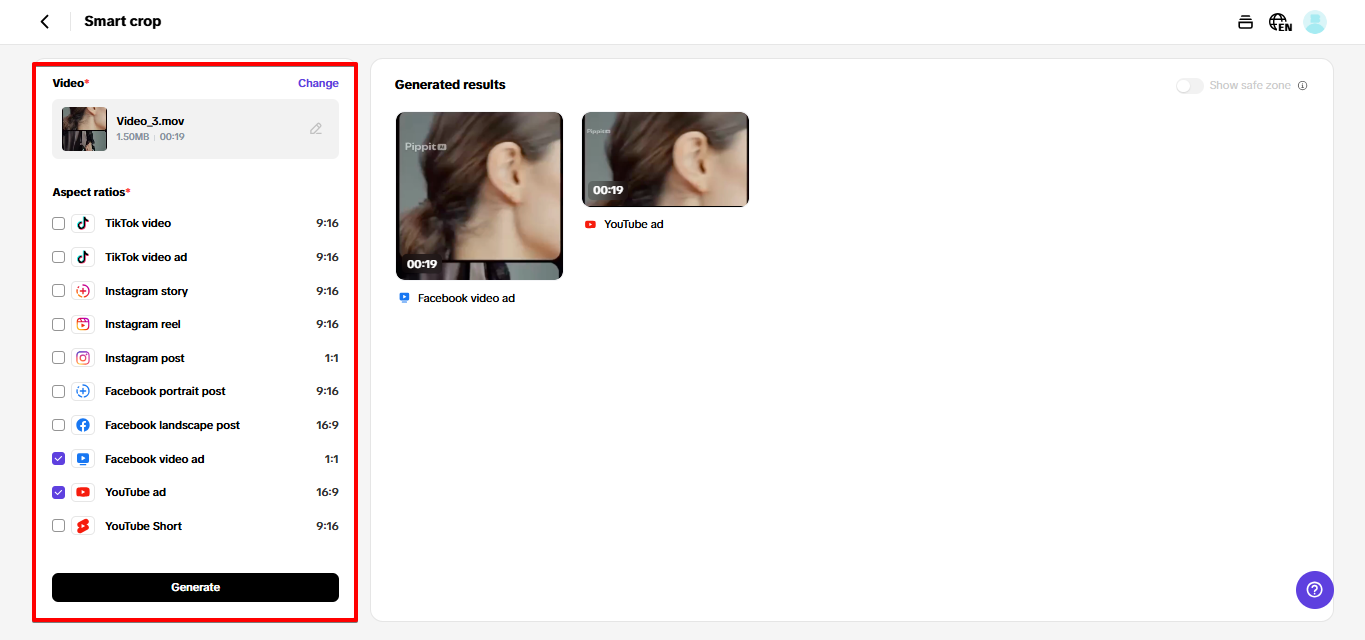 Smart crop in Pippit