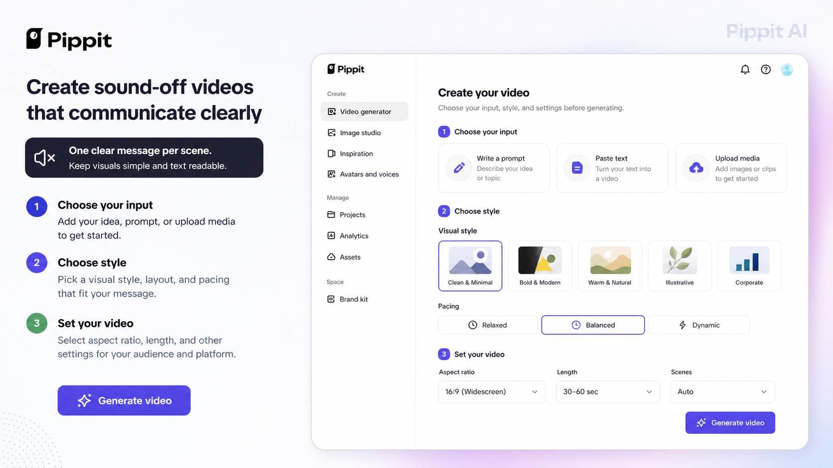 Pippit AI video generator interface with steps to choose input, style, and video settings