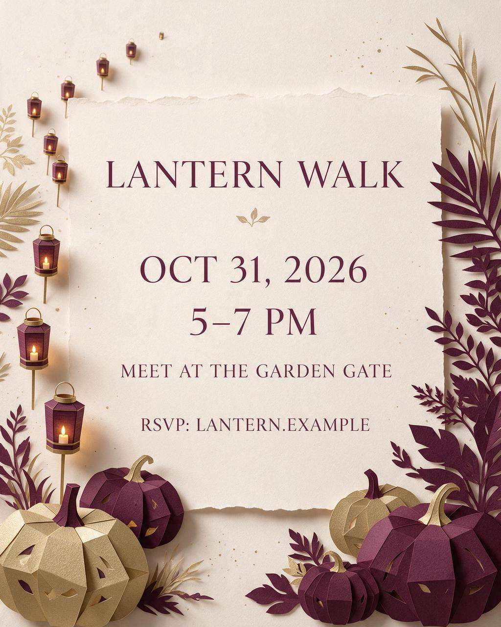 Fictional Halloween invitation with LANTERN WALK, OCT 31, 2026, 5–7 PM, garden-gate meeting point and example RSVP in deep-plum lettering.