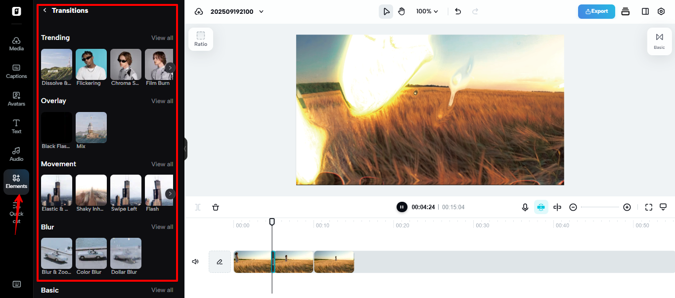 Transições contínuas no Pippit