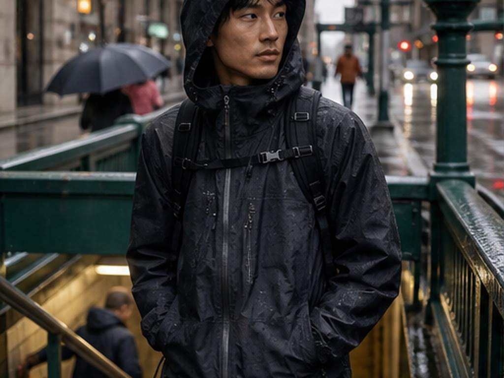 AI Gorpcore Filter prompt voorbeeld 1 - Stedelijke regenschaal