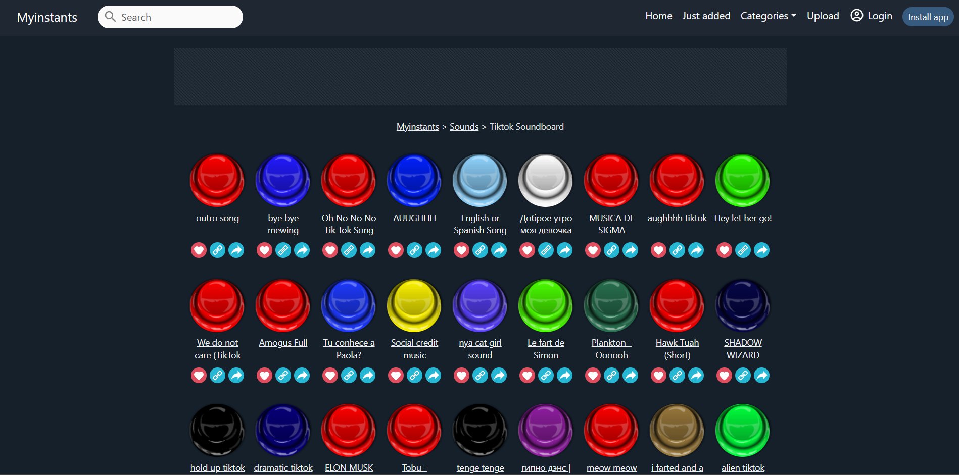 Interface of Myinstants - a website with good TikTok sound effects