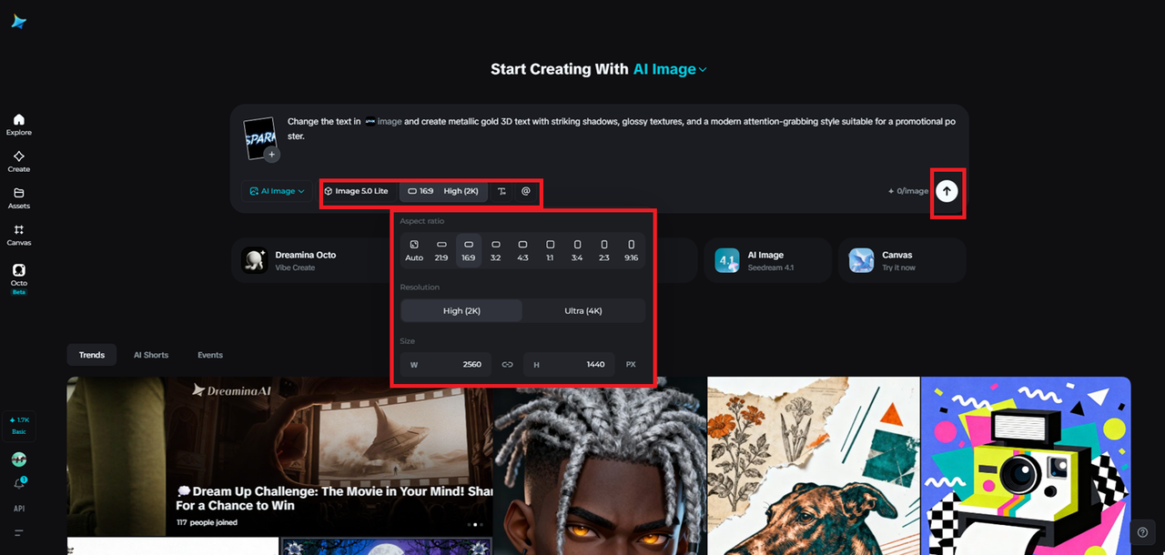 Choose the image model, settings, and generate