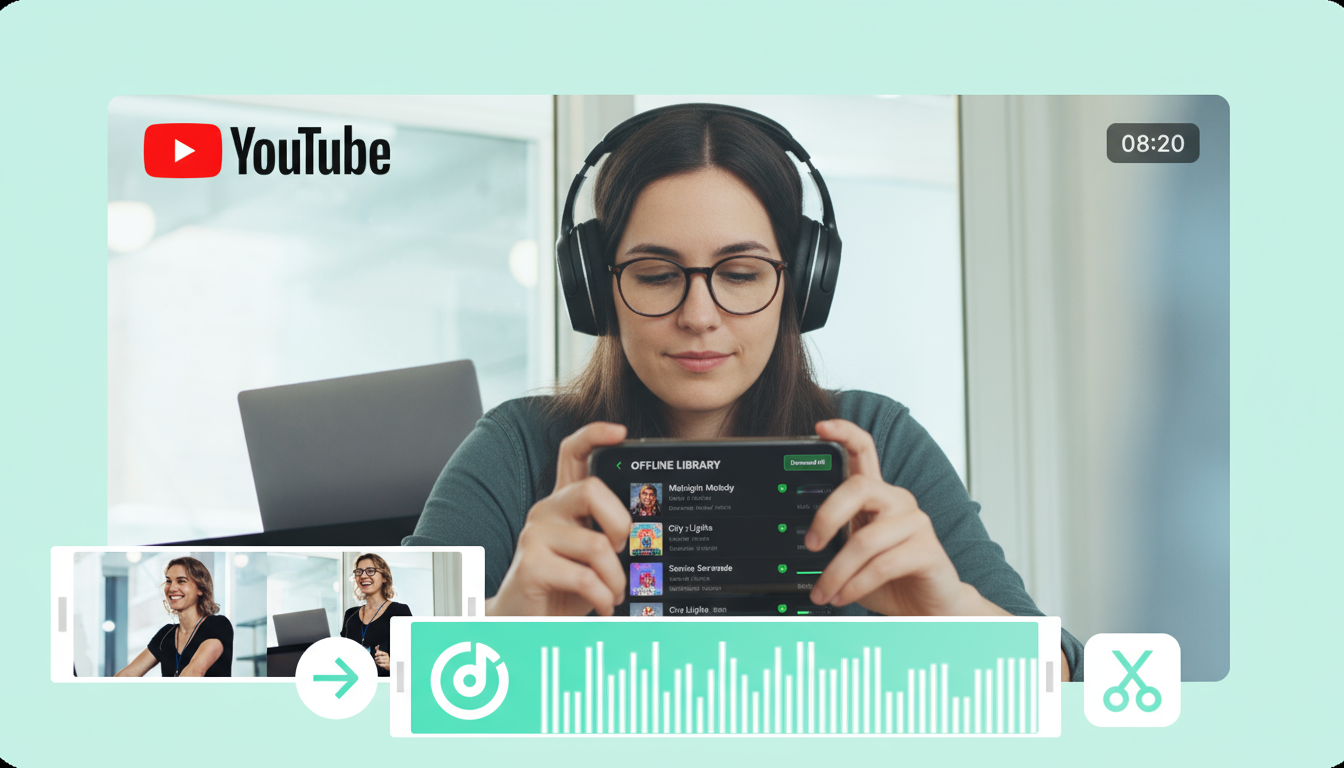 Человек в наушниках и глядя на смартфон с музыкальным плейлистом на экране, создает офлайн-музыкальную библиотеку.