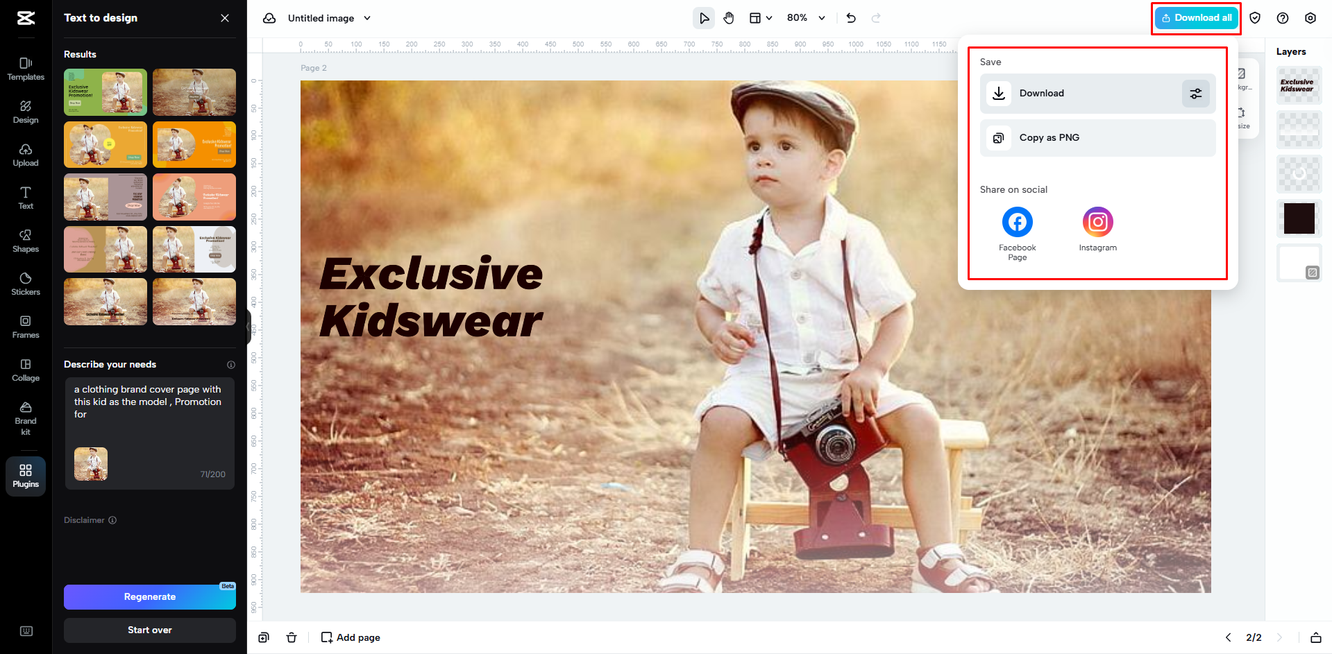 Het gegenereerde ontwerp downloaden van CapCut Web