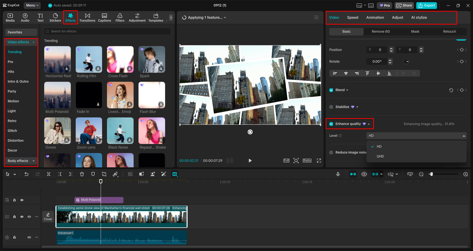 Hochskalierung und Anwendung von Videoeffekten mit dem CapCut Desktop-Video-Editor