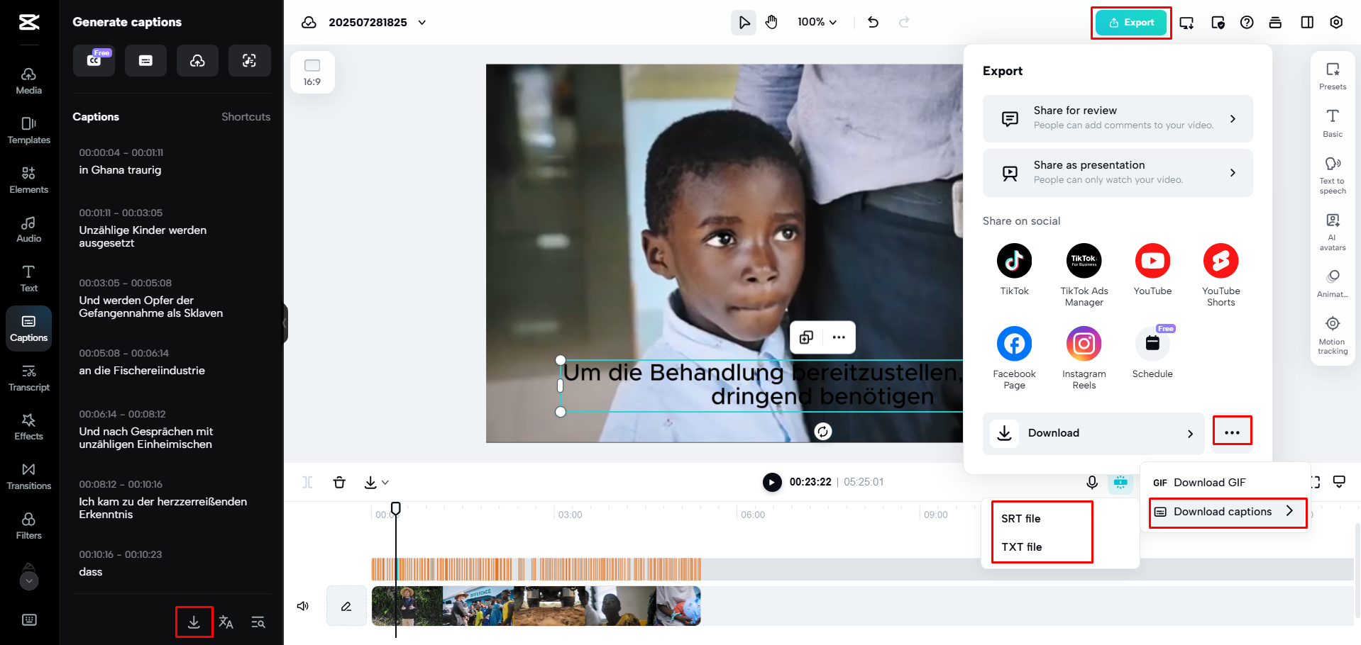 Downloading the captions from CapCut Web