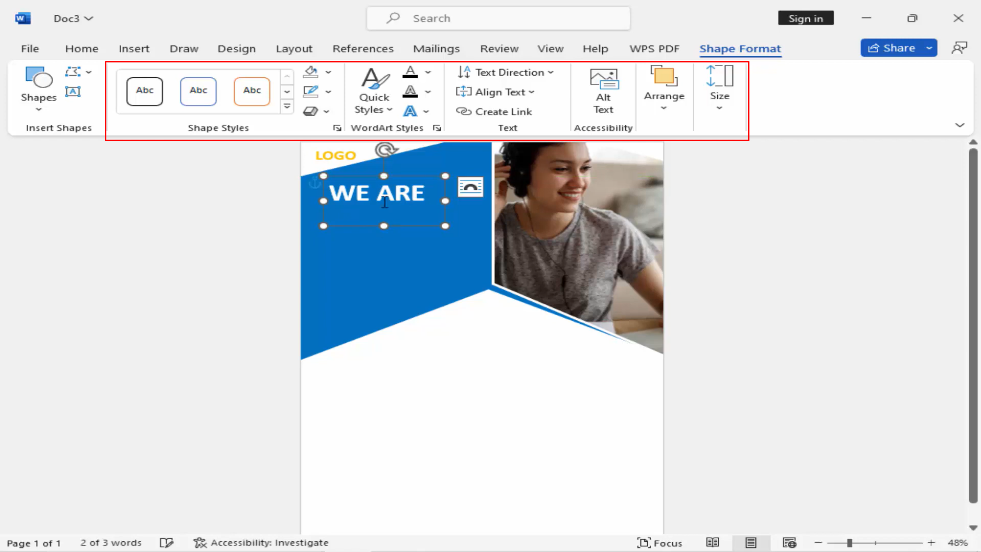 Customizing the flyer design in Word on desktop