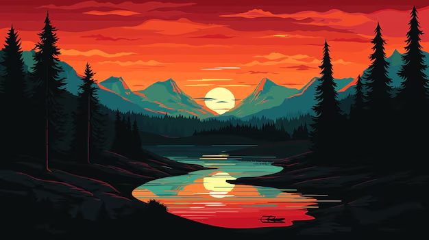 Lifelike forest and lake landscape at sunset