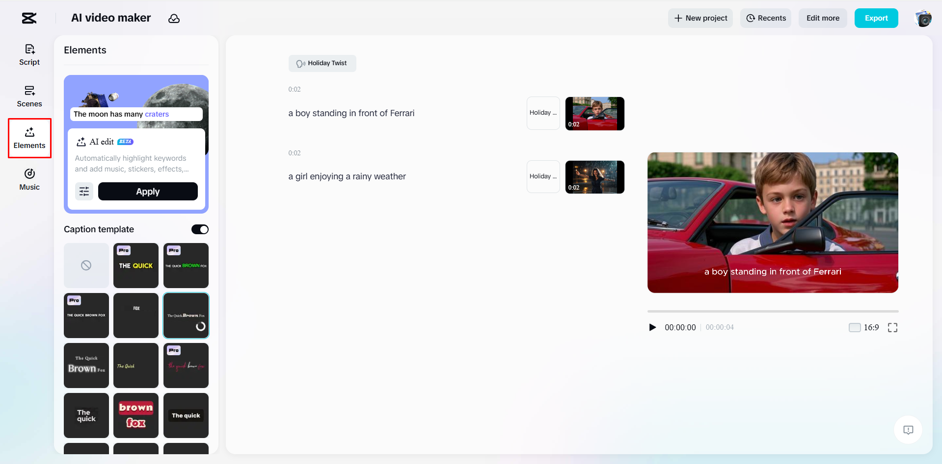 Adding caption templates to a video with CapCut's AI video maker