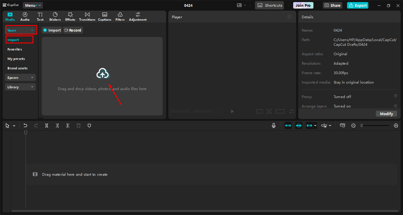 Import podcast dalam editor video desktop CapCut