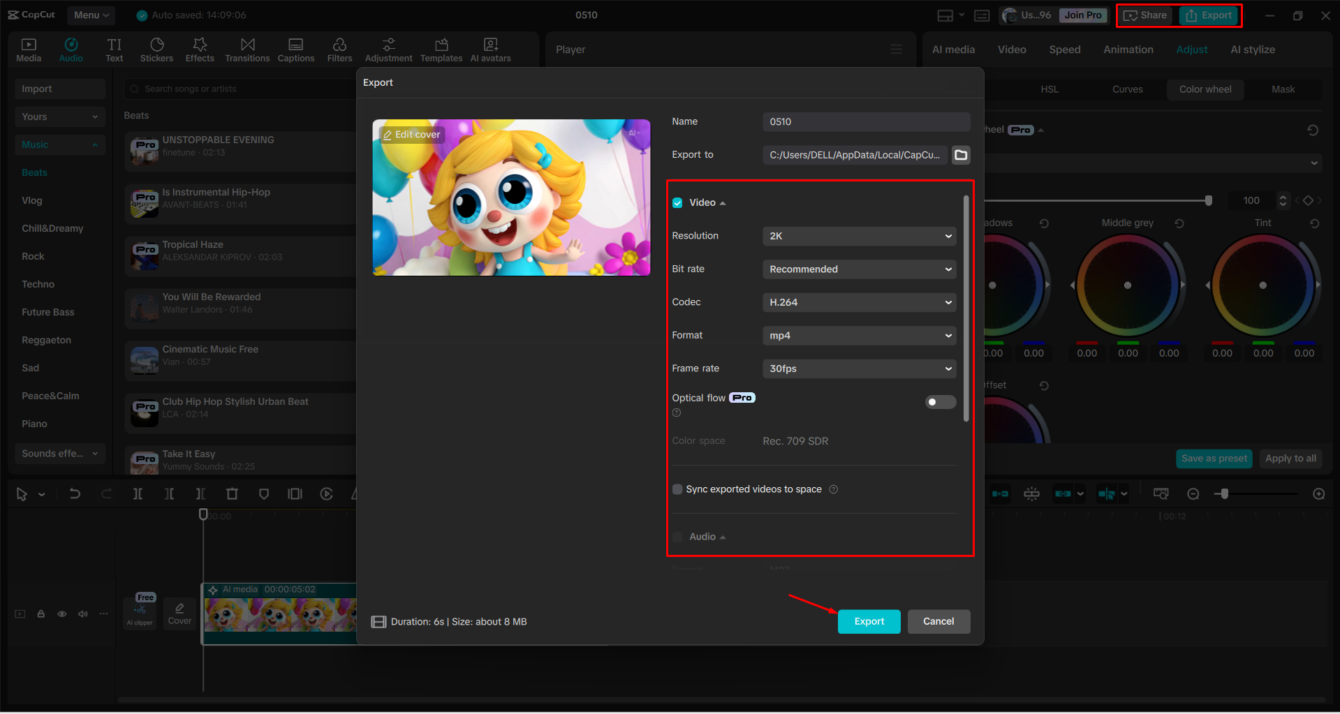 Exporting a video from the CapCut desktop video editor