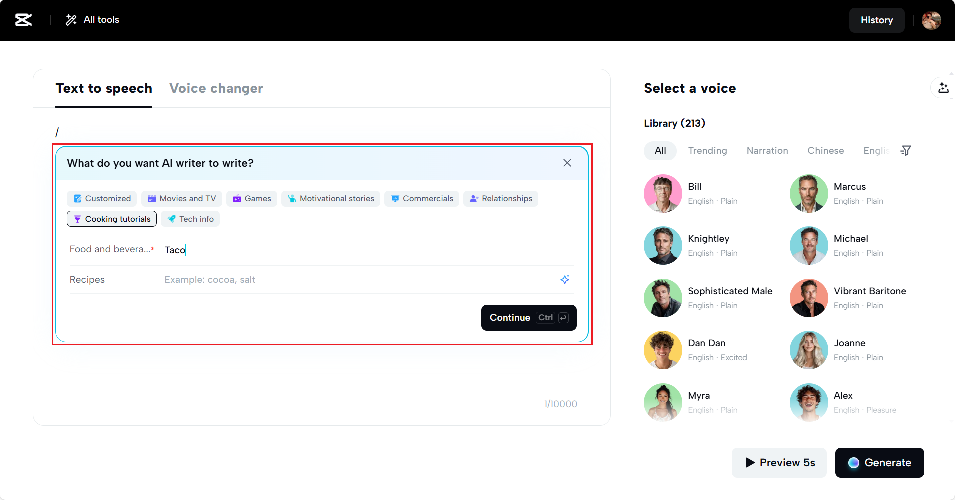 Type in your script or use the AI writer