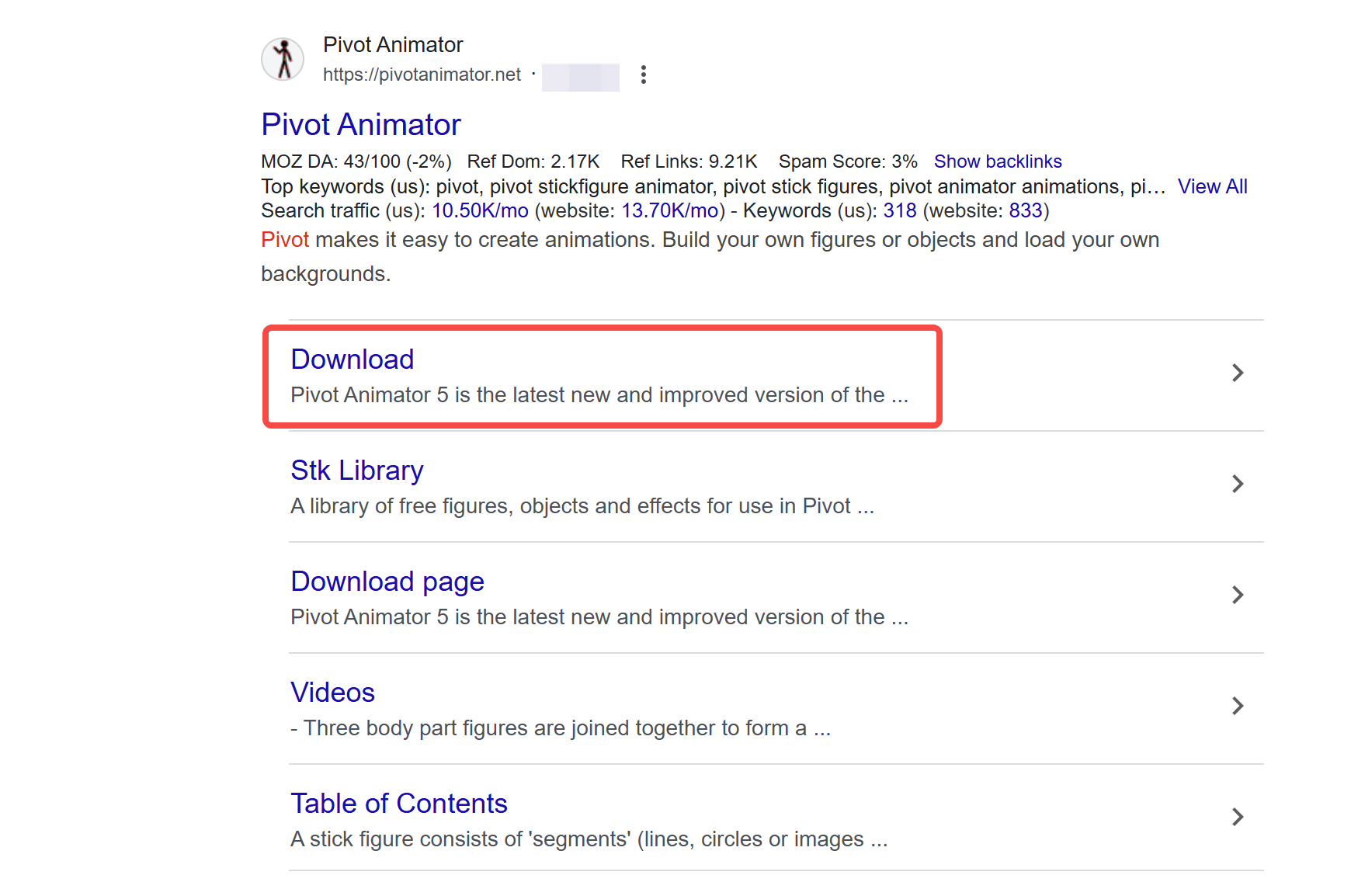 Visiting the download page of Pivot animator on a browser