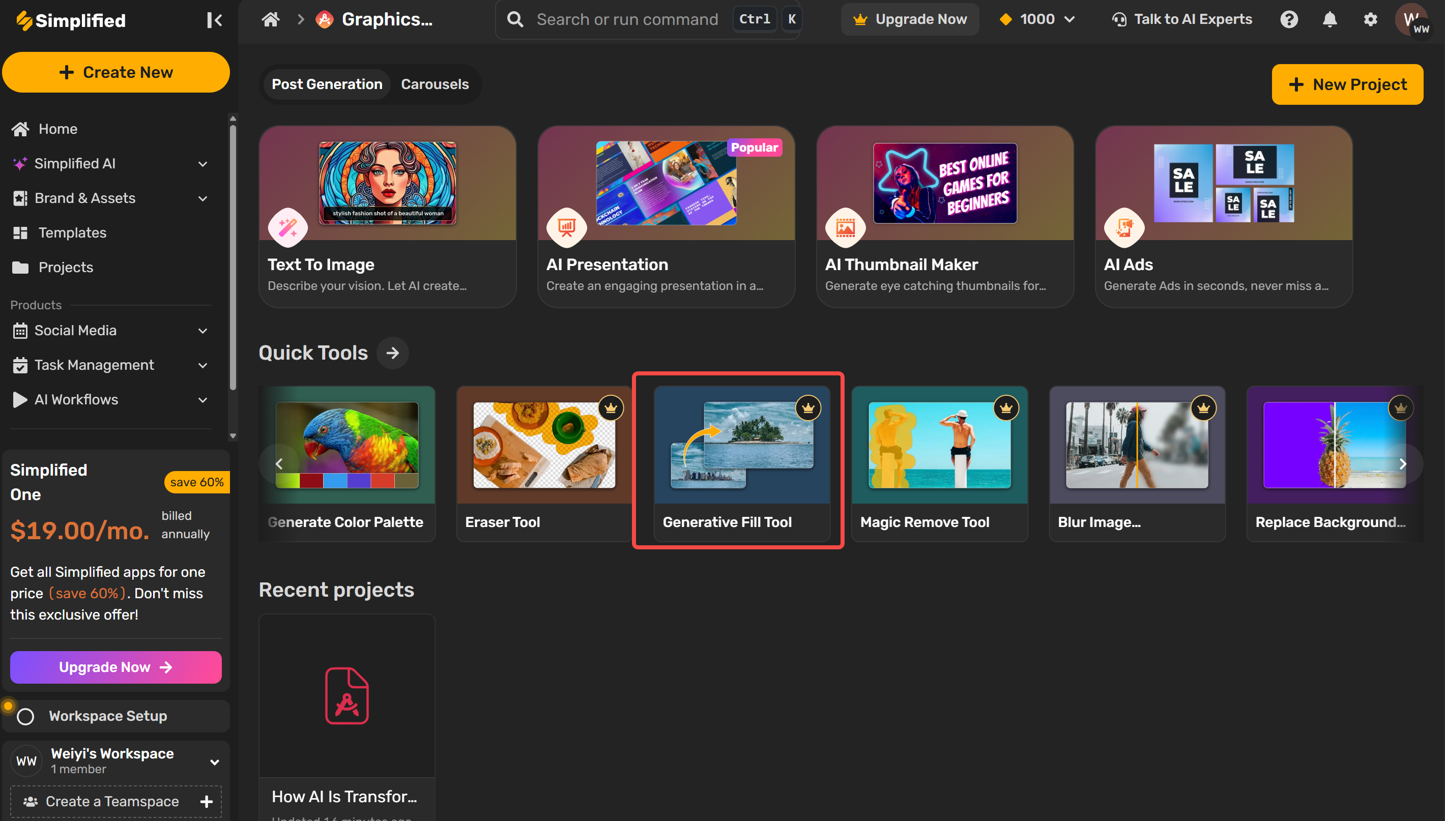 Accessing the generative fill tool in Simplified AI