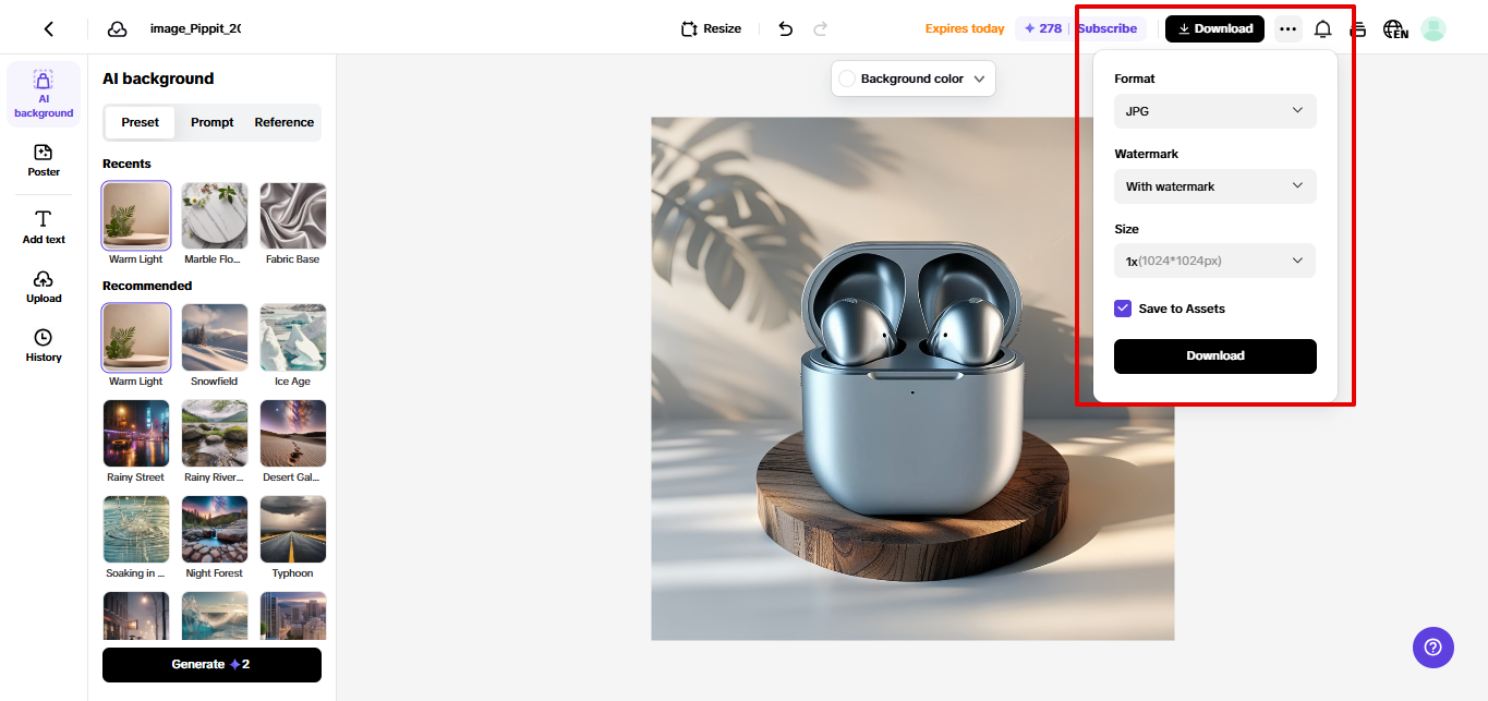 Exporting product photo from Pippit