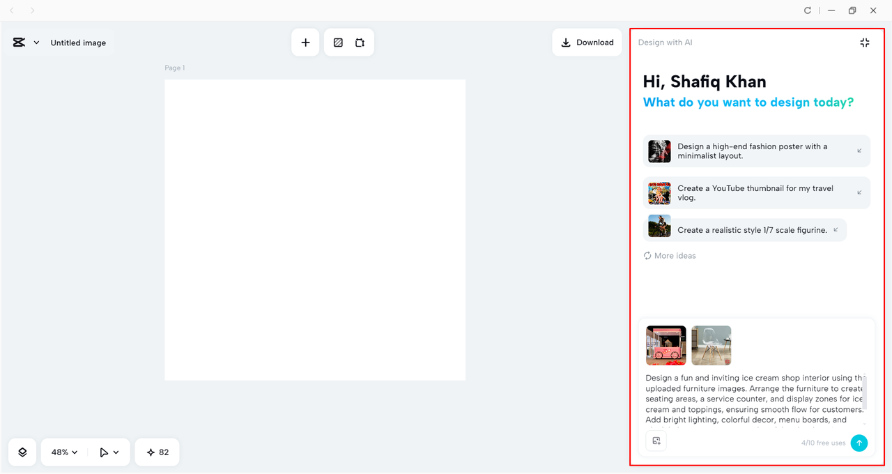 Generating an ice cream shop interior design with CapCut