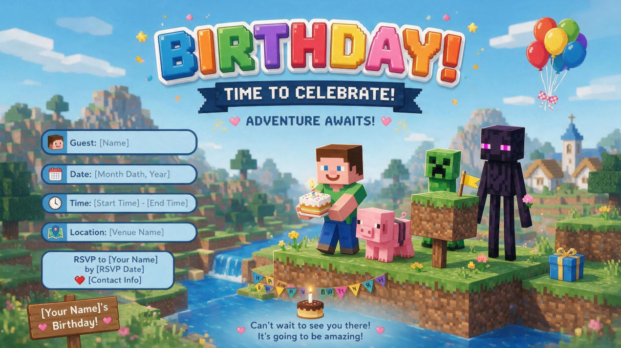 Nhắc nhở cho một lời mời sinh nhật chủ đề Minecraft dễ thương