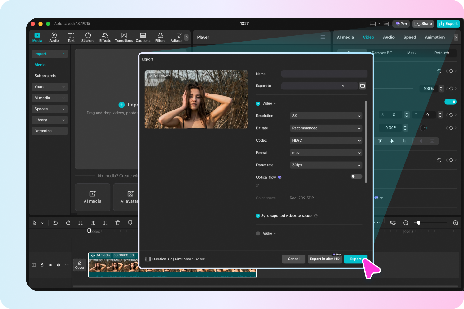 Export a sdílení videa generovaného umělou inteligencí v CapCut.