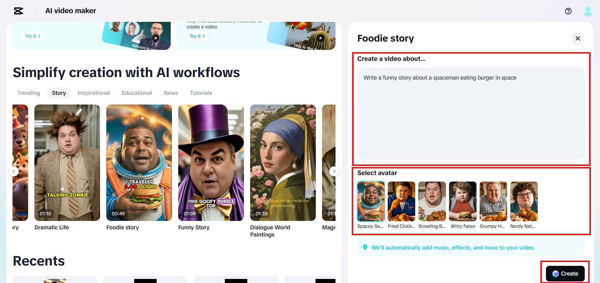 Masukkan ide Anda dan pilih karakter lucu
