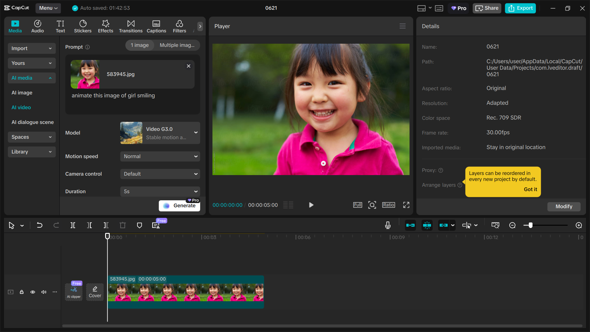 Interface of the CapCut desktop video editor