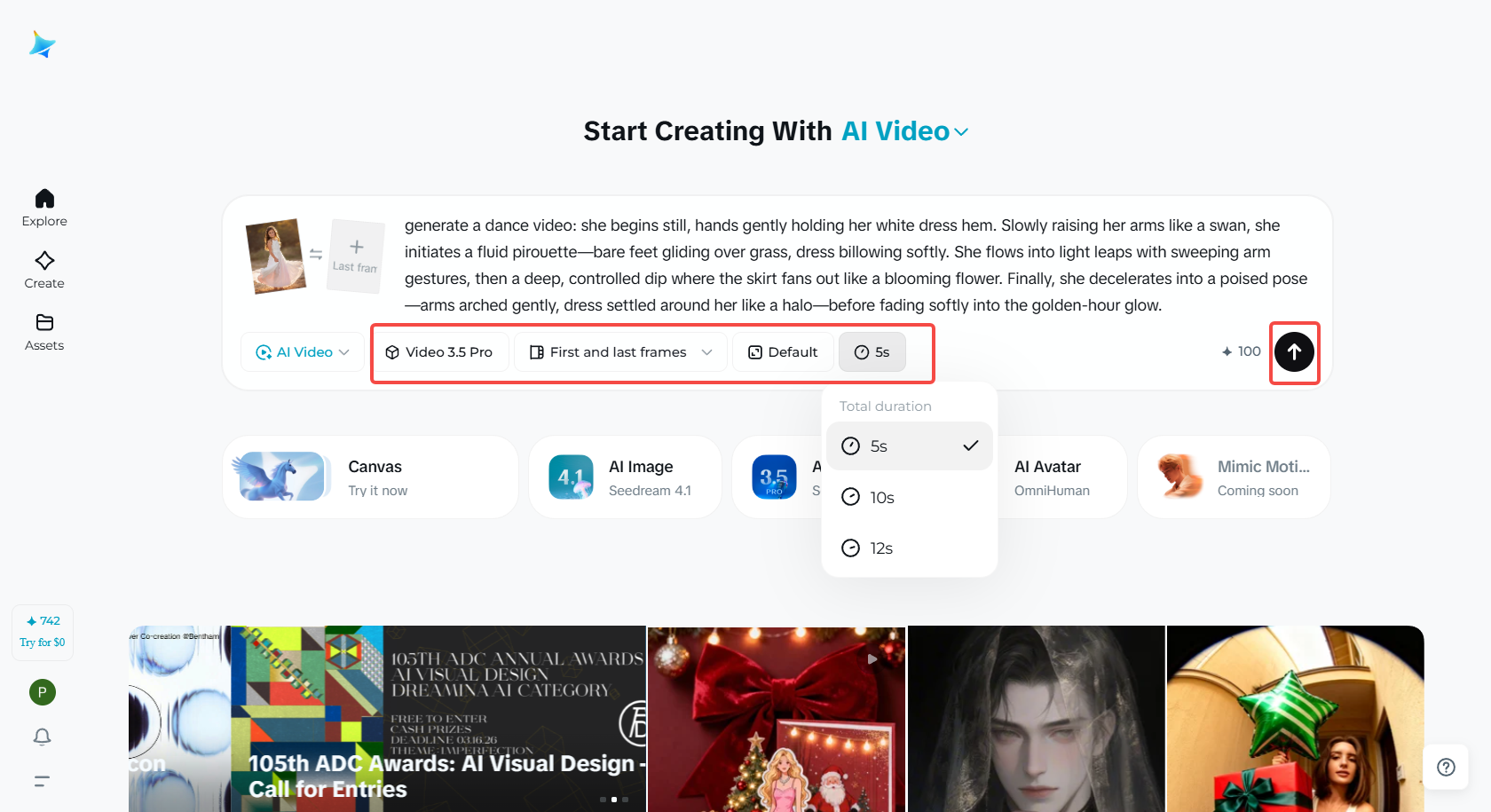 Choose Seedance 2.0, frames, aspect ratio
