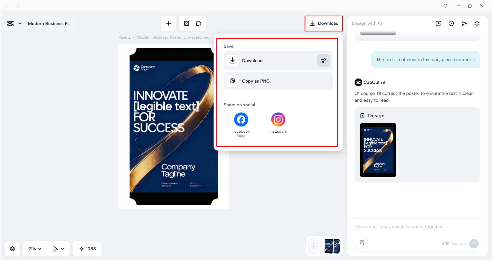 Downloading the poster from the CapCut desktop video editor