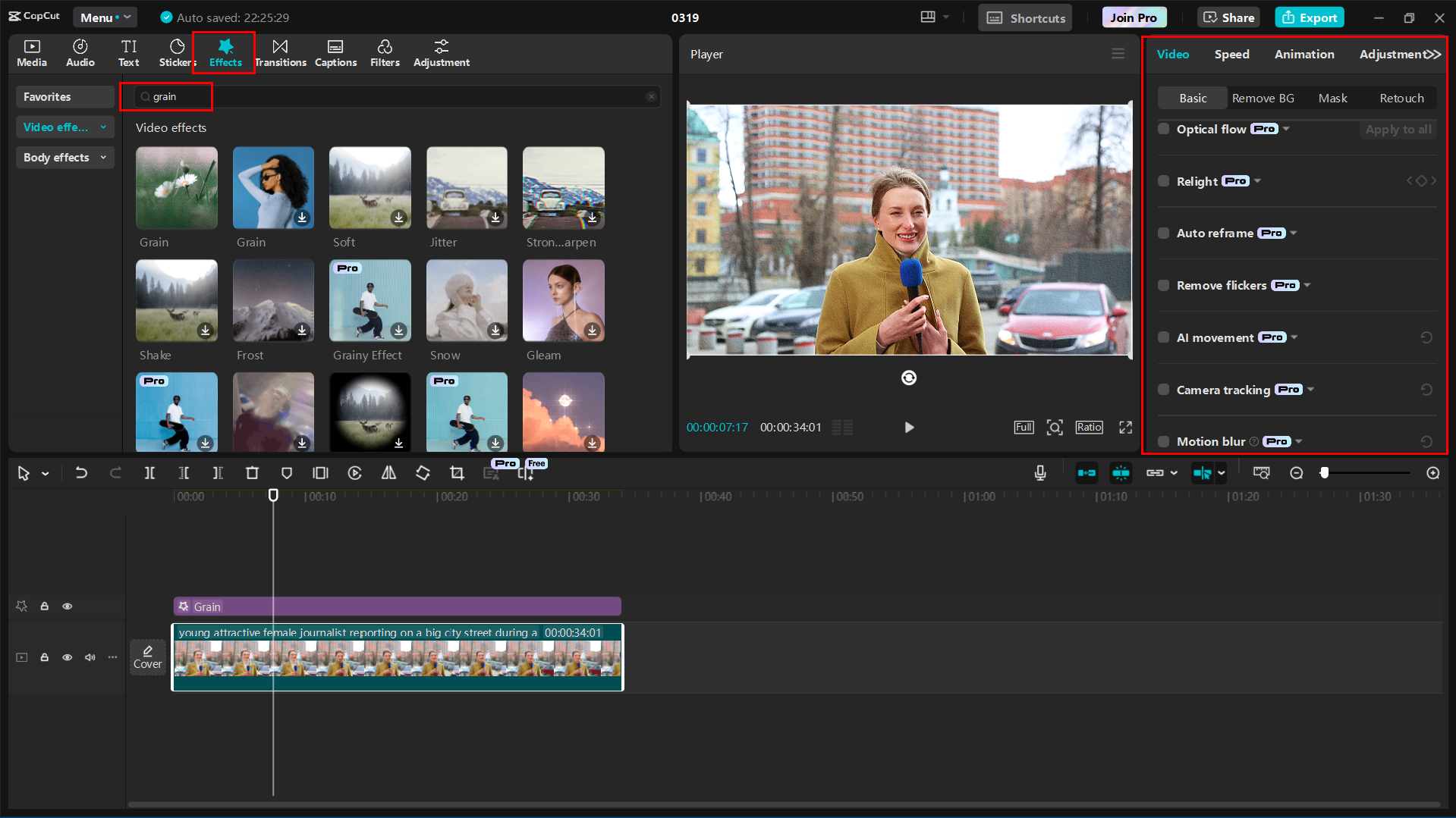 Interface of the CapCut desktop video editor adding grain effect to media